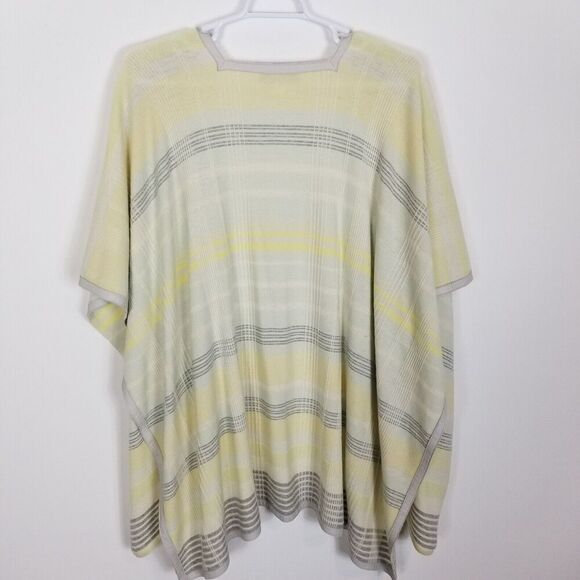 St. John Women Wool Cashmere Poncho Cardigan One Size Leather Trim Yellow Blue - Picture 2 of 4